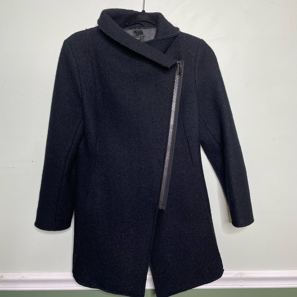 Halogen Wool Coat Jacket Mid Length‎ Asymmetrical Zip Black Petite Warm Winter S - Picture 6 of 13